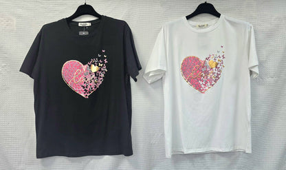 Love Heart Sequin Cotton T-shirt: Black