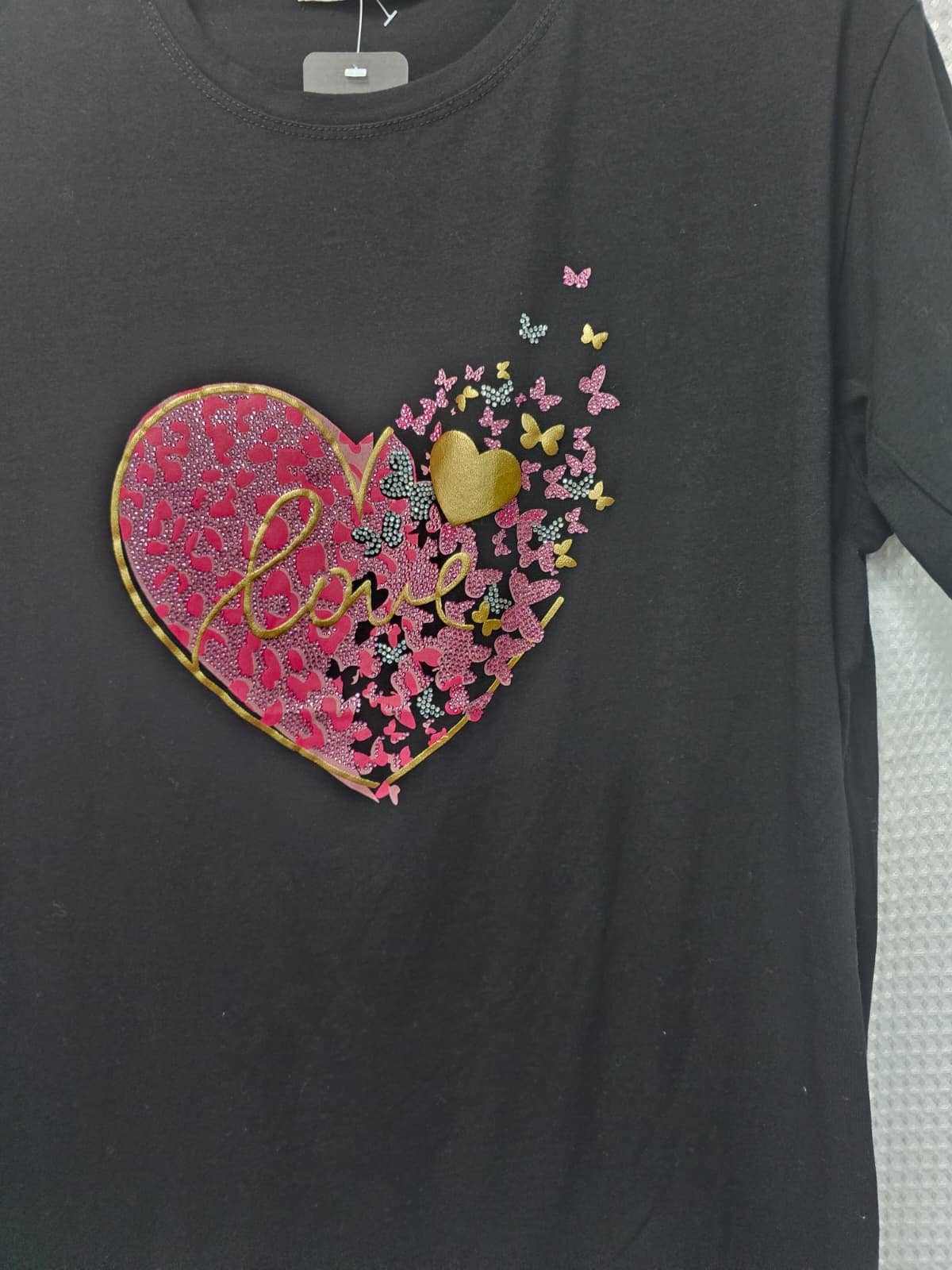 Love Heart Sequin Cotton T-shirt: Black