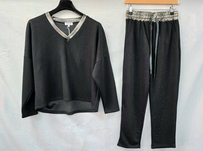 Metallic Diamante Stud Soft Touch Two piece Coord Set: Gray
