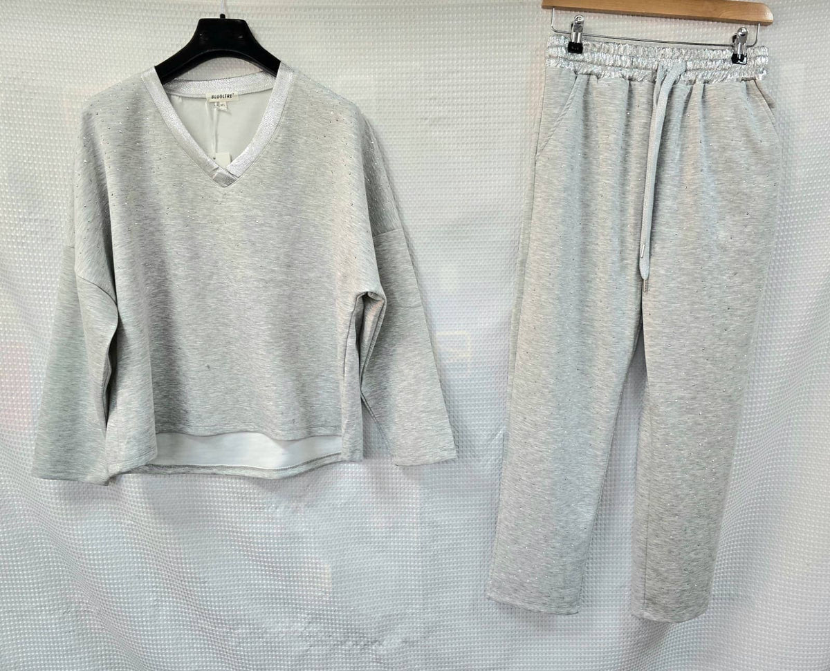 Metallic Diamante Stud Soft Touch Two piece Coord Set: Gray