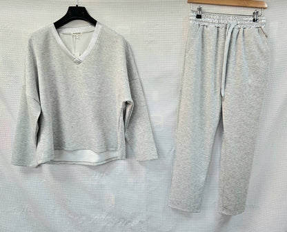 Metallic Diamante Stud Soft Touch Two piece Coord Set: Gray