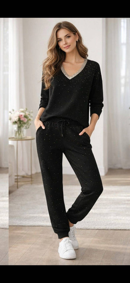 Metallic Diamante Stud Soft Touch Two piece Coord Set: Gray