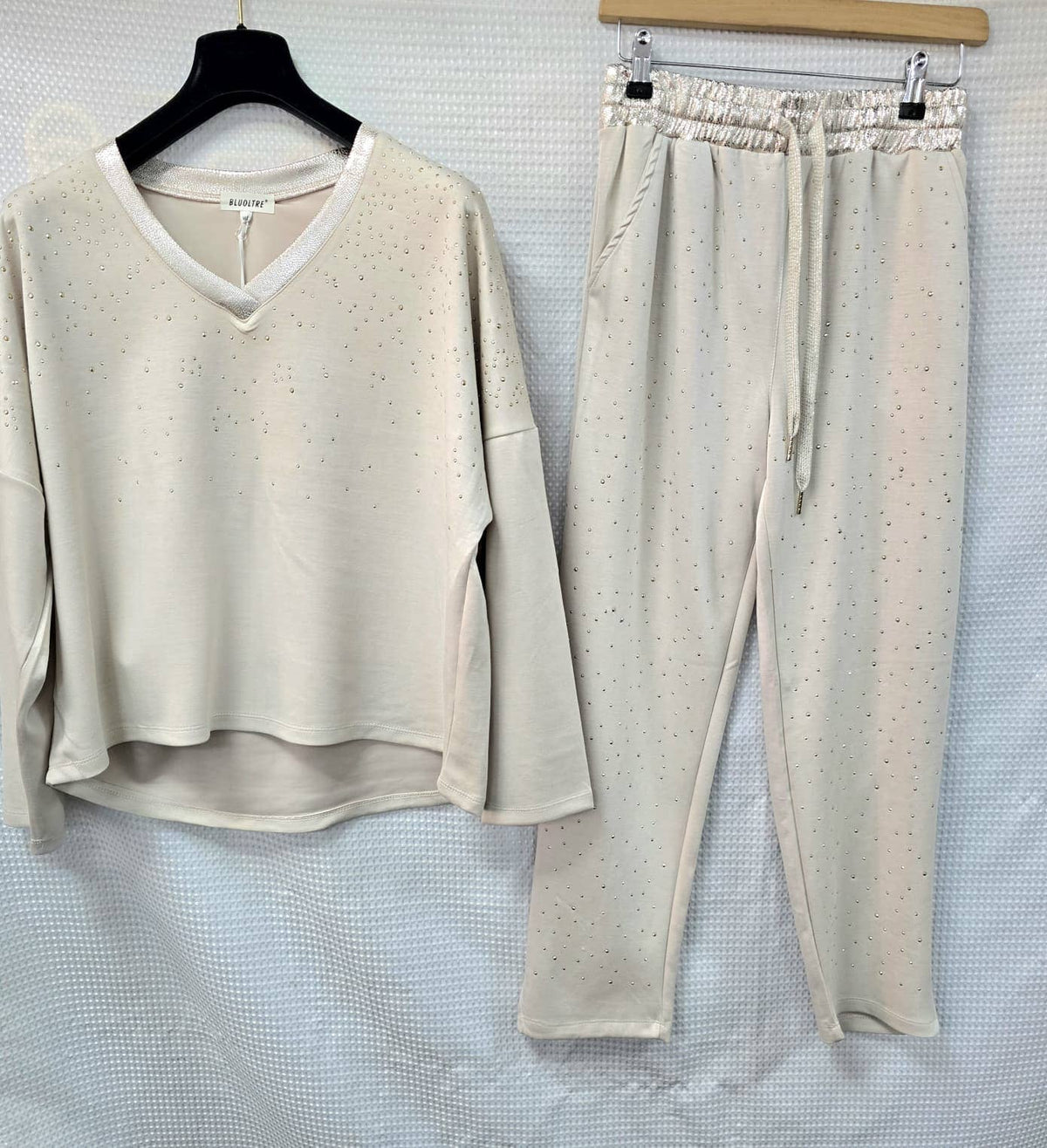 Metallic Diamante Stud Soft Touch Two piece Coord Set: Gray
