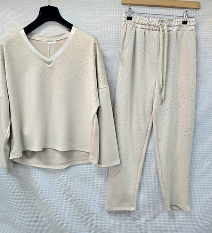 Metallic Diamante Stud Soft Touch Two piece Coord Set: Gray